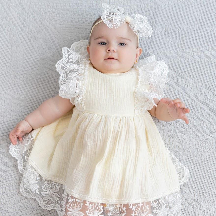 Ivory Muslin Summer Baptism Set for Baby Girl with Luxurious Lace