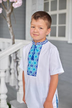 Boys Linen Ukrainian Embroidered Shirt • Blue Geometric Embroidery Vyshyvanka