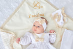 Ivory Linen Baby Girl Christening Outfit – 5‑Piece Set with Dress, Pants, Bonnet, Booties, Headband & Linen-Plush Blanket