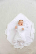 Baby Christening Set – Linen Baptism Outfit with Gown, Pants, Blanket, Bonnet & Booties | Natural White
