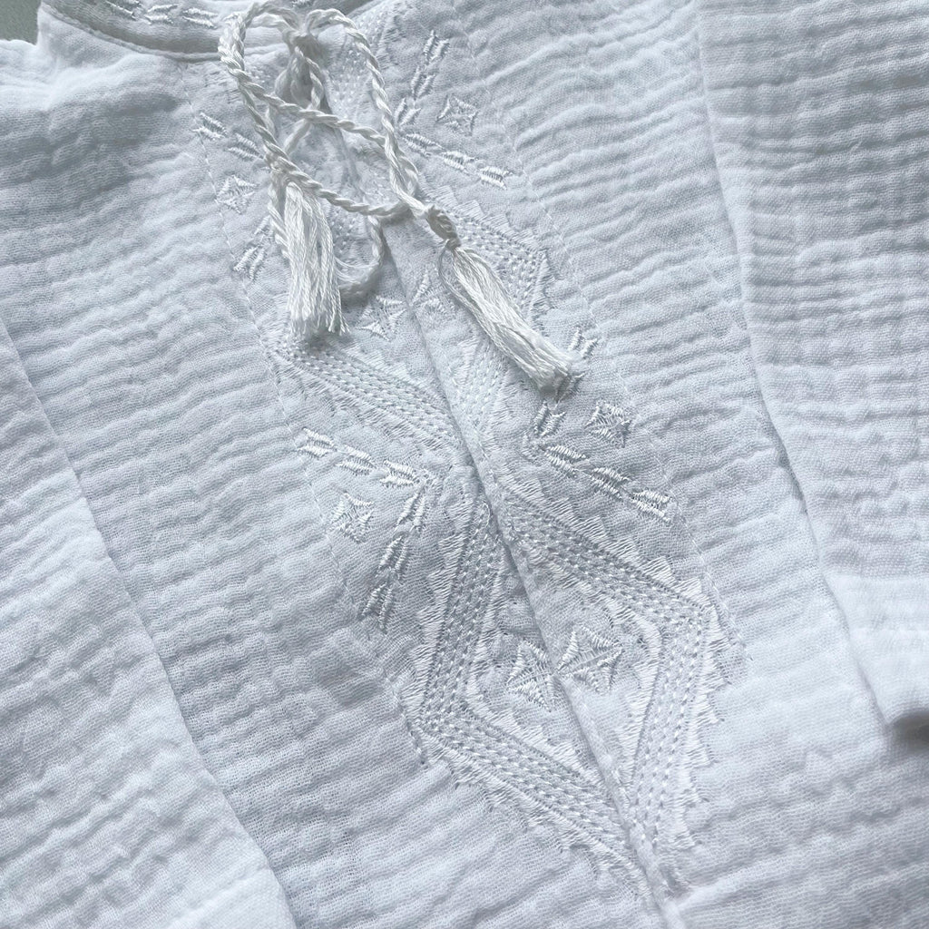 Baby Boy Baptism Outfit – White Muslin Christening Set with Shirt & Pants, White Embroidery