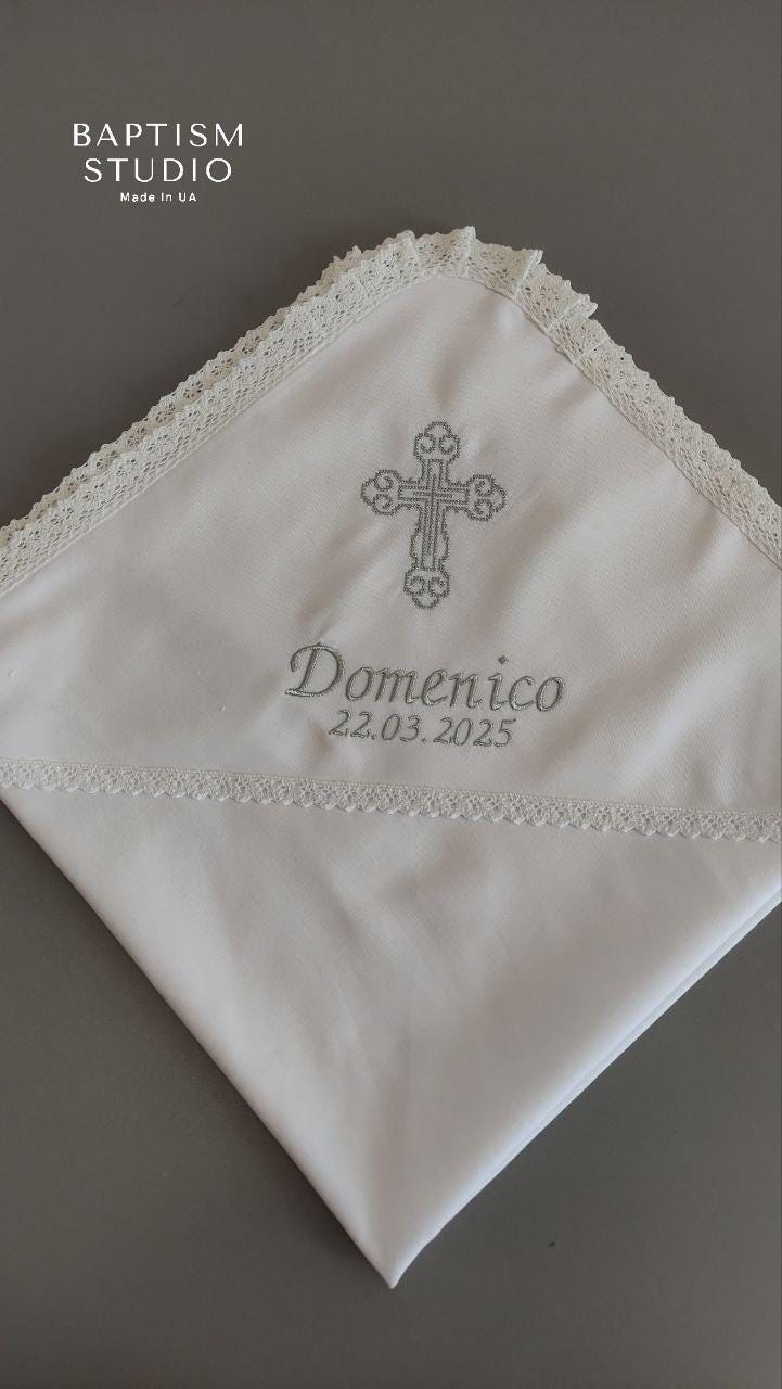 Baptism Blanket with Embroidered Cross | Christening Gift for Baby | Soft Linen Keepsake