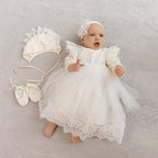 Ivory Linen Baby Girl Christening Set – 5‑Piece Outfit with Elegant Lace (Dress, Headband, Bonnet, Booties & Pants)