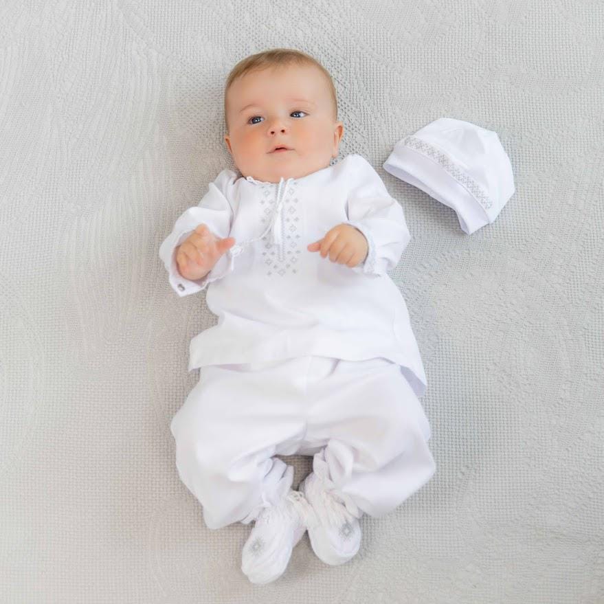 Baby boy baptism outfit made of white linen
