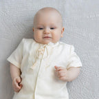 Ivory Linen Baby Baptism Outfit with Hooded Towel | Christening Set with Angel Embroidery