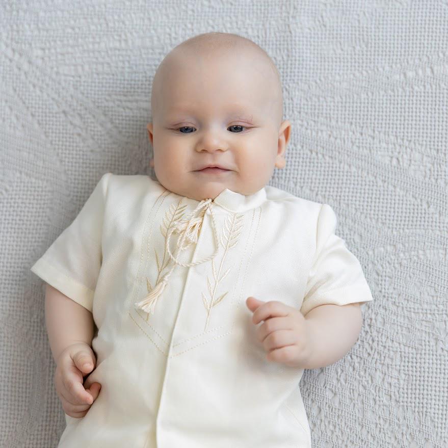 Ivory Linen Baby Baptism Outfit with Hooded Towel | Christening Set with Angel Embroidery