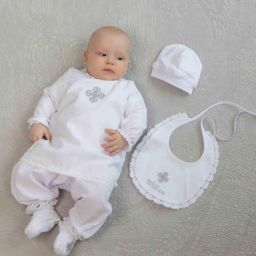 Baby boy baptism outfit made of white linen with silver embroidery