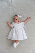 White Muslin Baby Baptism Dress with Bow Headband – Christening Outfit