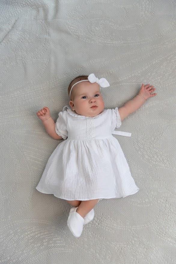 White Muslin Baby Baptism Dress with Bow Headband – Christening Outfit