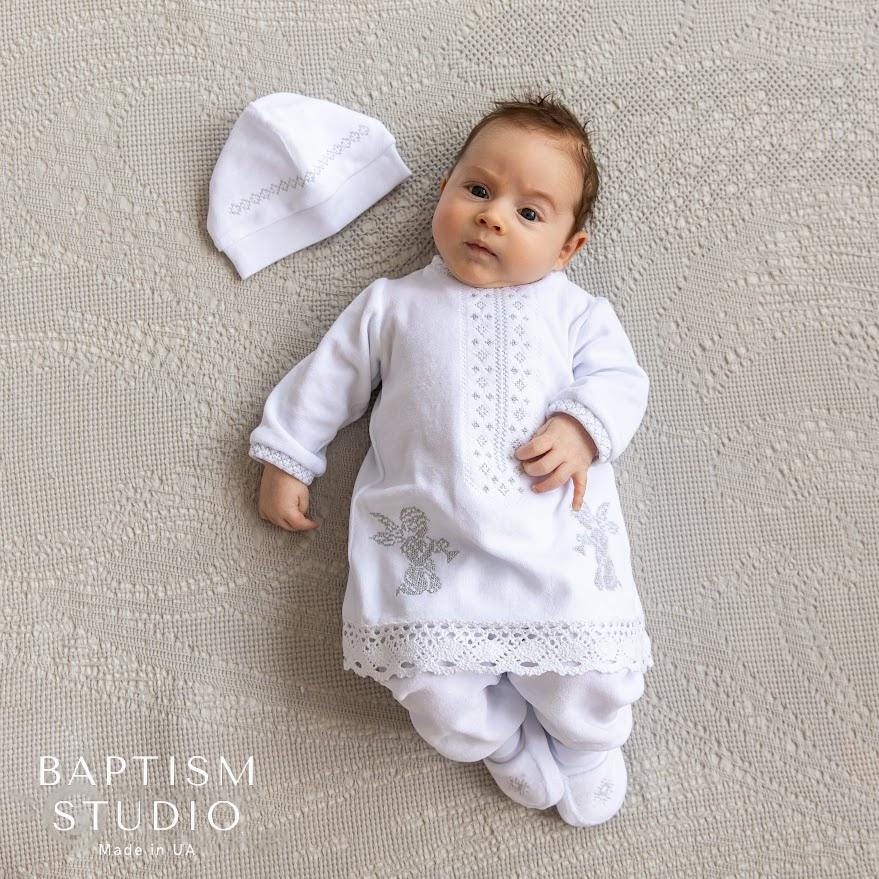 Baby Baptism Set – Velour Christening Outfit with Shirt, Pants, Booties & Hat