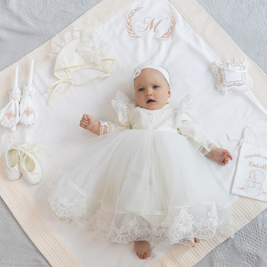 Luxury Christening Set for Baby Girl — Personalized Baptism Blanket, Linen Dress + Free Godmother Shawl