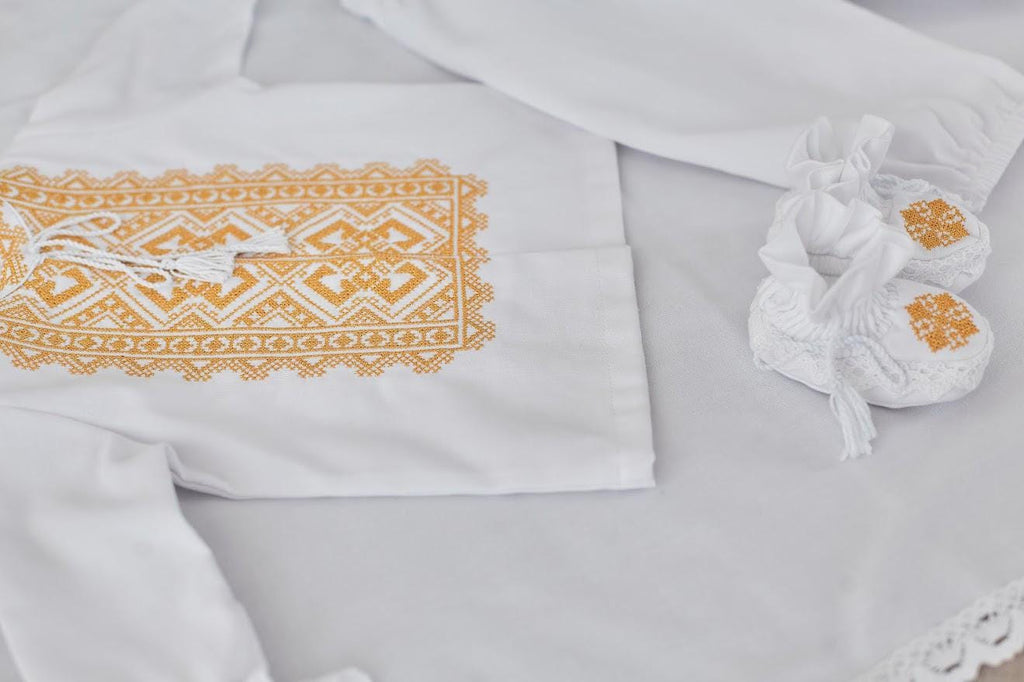 Luxury Linen Christening Set with Gold Embroidery – Complete Baptism Outfit for Baby