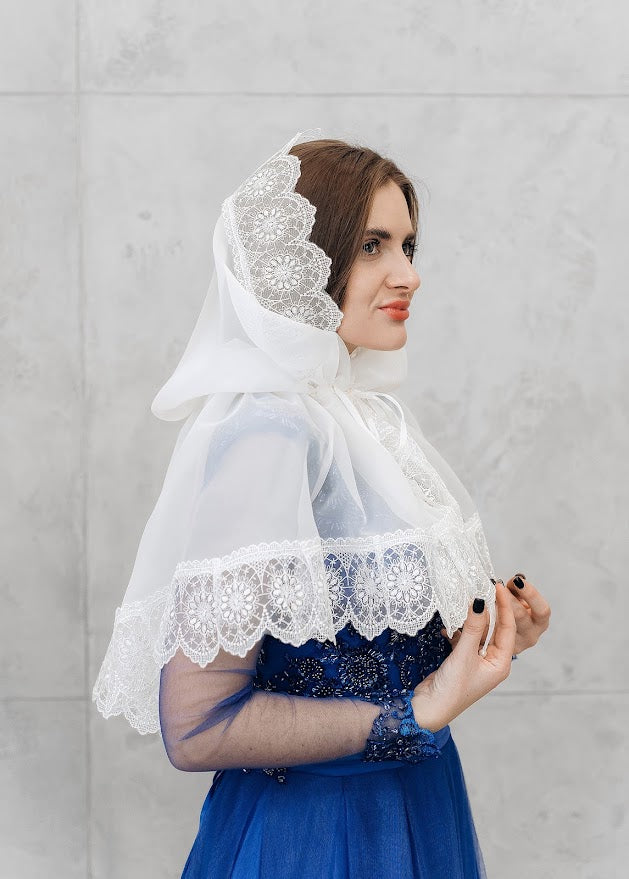Light Ivory Church & Baptism Head Covering | Lace Chiffon Palantine