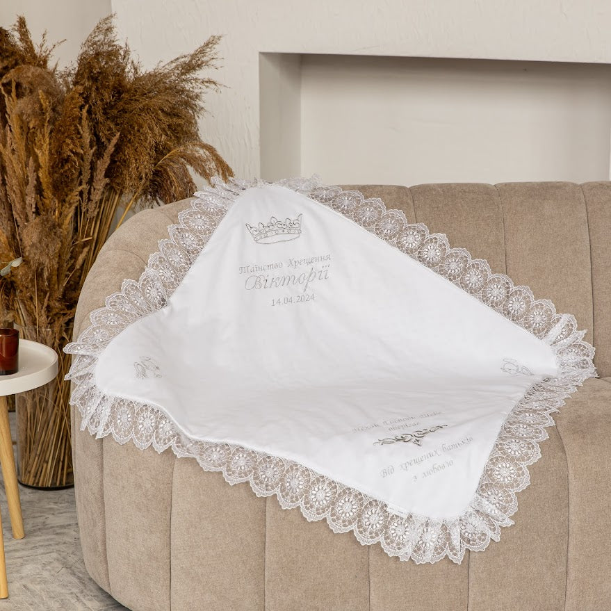 Baptism Blanket – Linen & Minky with Gold Embroidery  Personalized Christening Shawl 80×80 cm