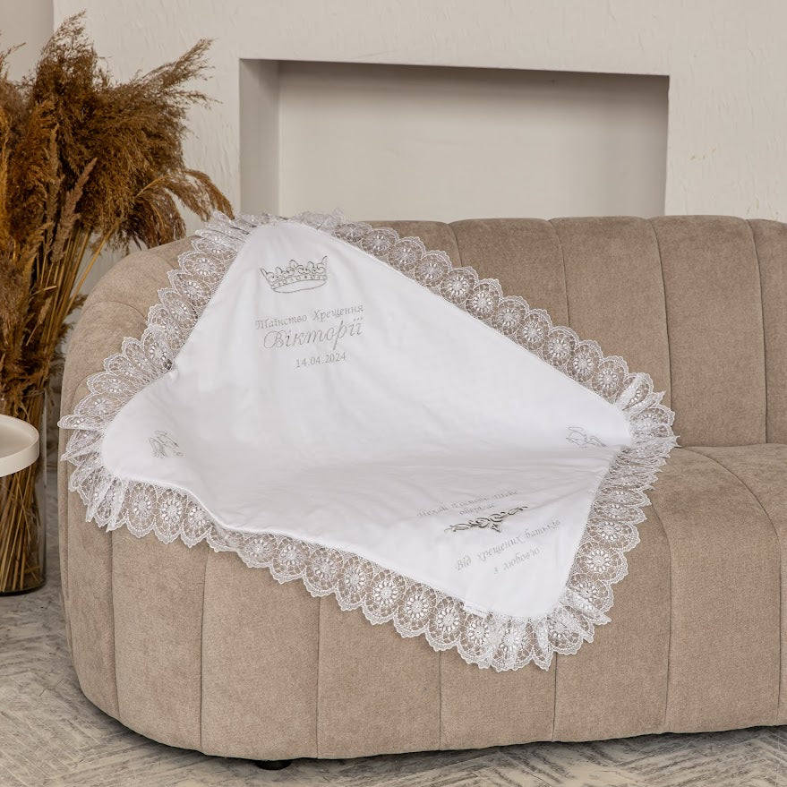 Baptism Blanket – Linen & Minky with Gold Embroidery  Personalized Christening Shawl 80×80 cm