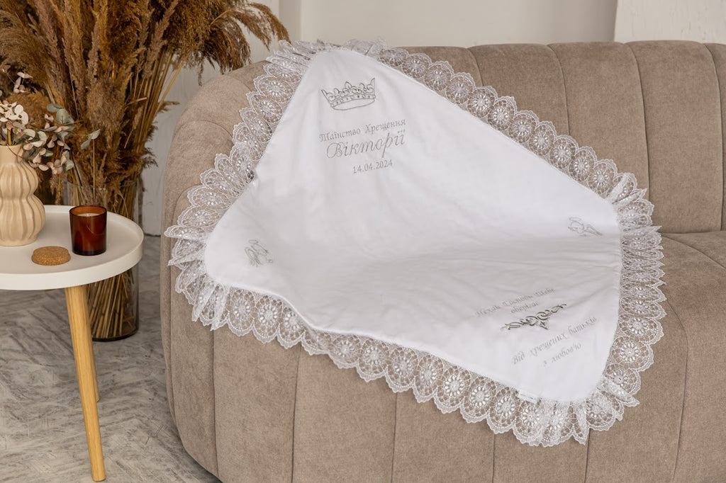 Baptism Blanket – Linen & Minky with Gold Embroidery  Personalized Christening Shawl 80×80 cm