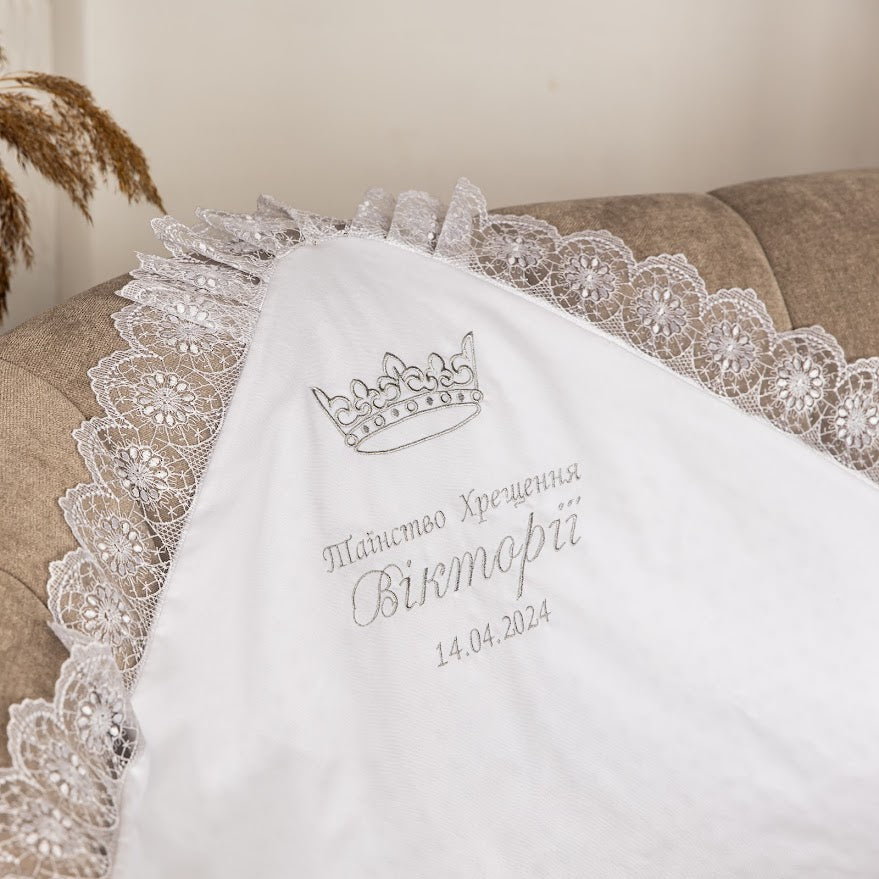 Baptism Blanket – Linen & Minky with Gold Embroidery  Personalized Christening Shawl 80×80 cm