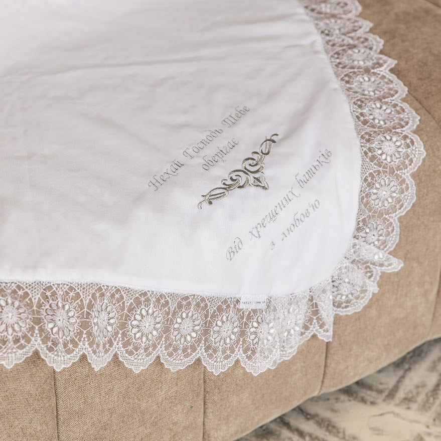 Baptism Blanket – Linen & Minky with Gold Embroidery  Personalized Christening Shawl 80×80 cm