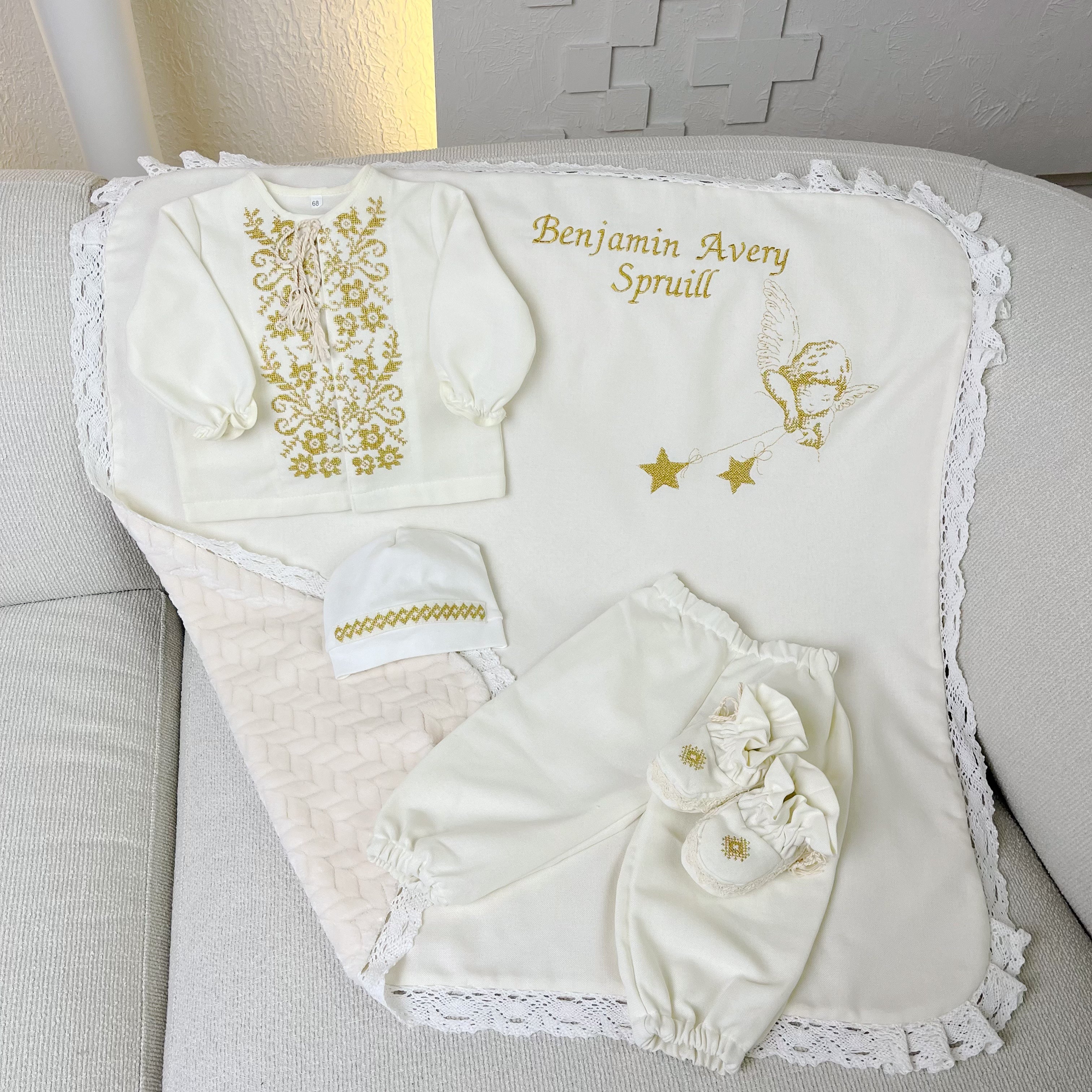 Personalized Linen Baptism Outfit Set with Blanket