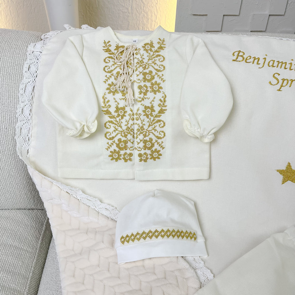 Personalized Linen Baptism Outfit Set with Blanket