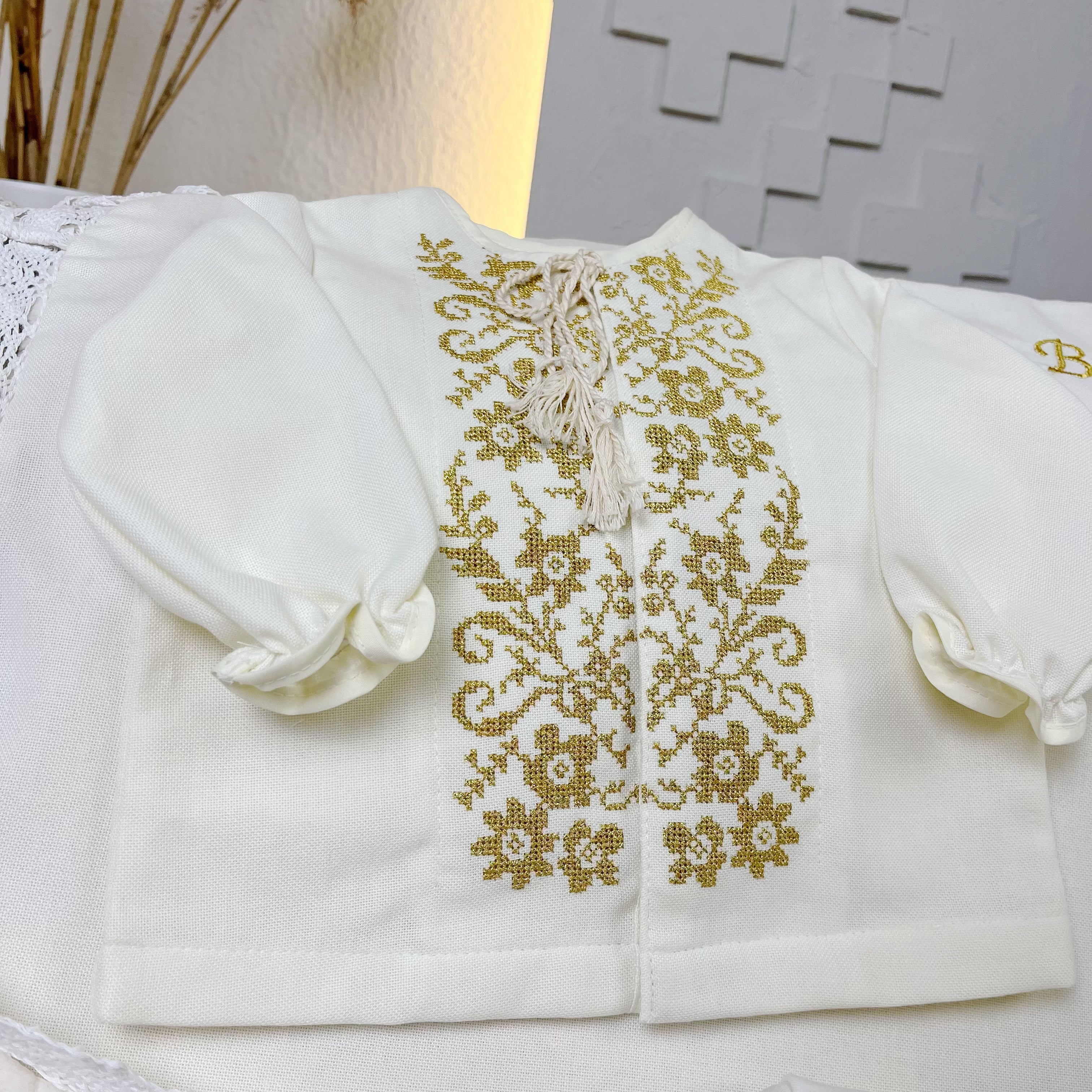 Personalized Linen Baptism Outfit Set with Blanket