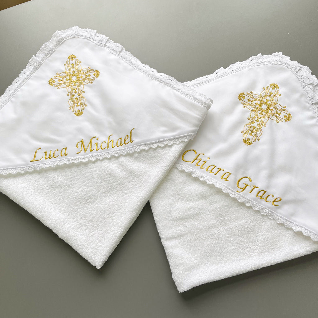 Christening Towel with Hood – Soft Cotton Baptism Blanket, Absorbent Terry Cloth, Personalized Baby Baptism Gift