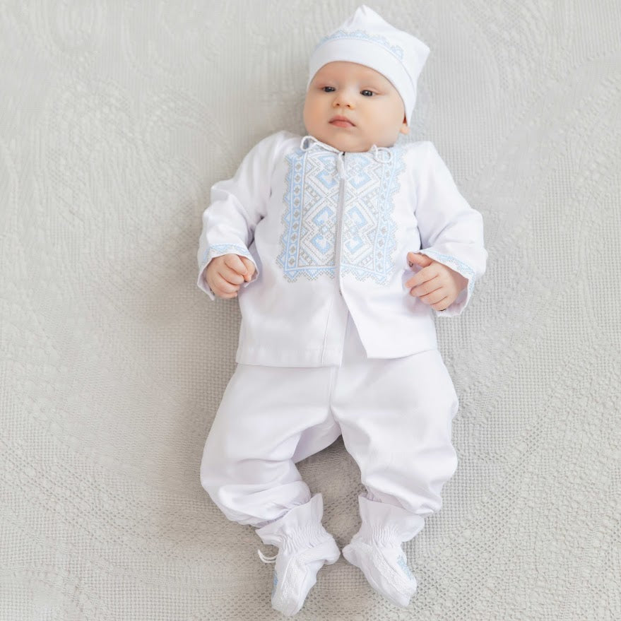 Linen Christening Outfit for Baby Boy – Silver Blue Embroidery