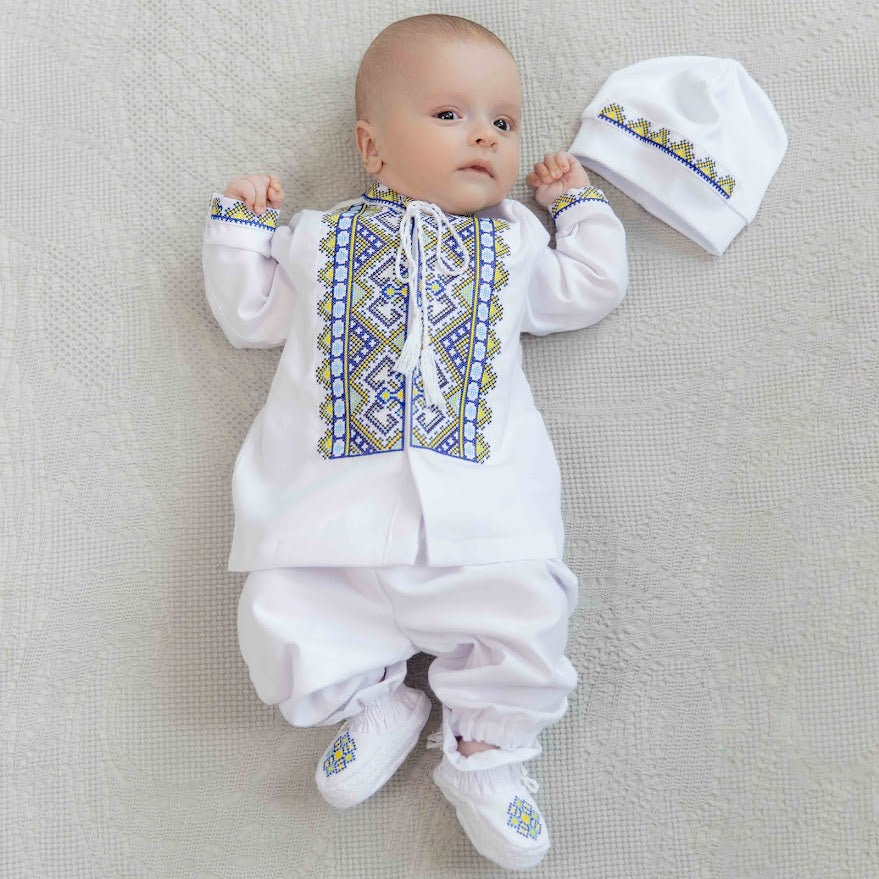 Traditional Baby Outfit Set – Shirt, Pants, Booties & Hat