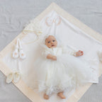 Luxury linen baptism outfit set for baby girl in ivory