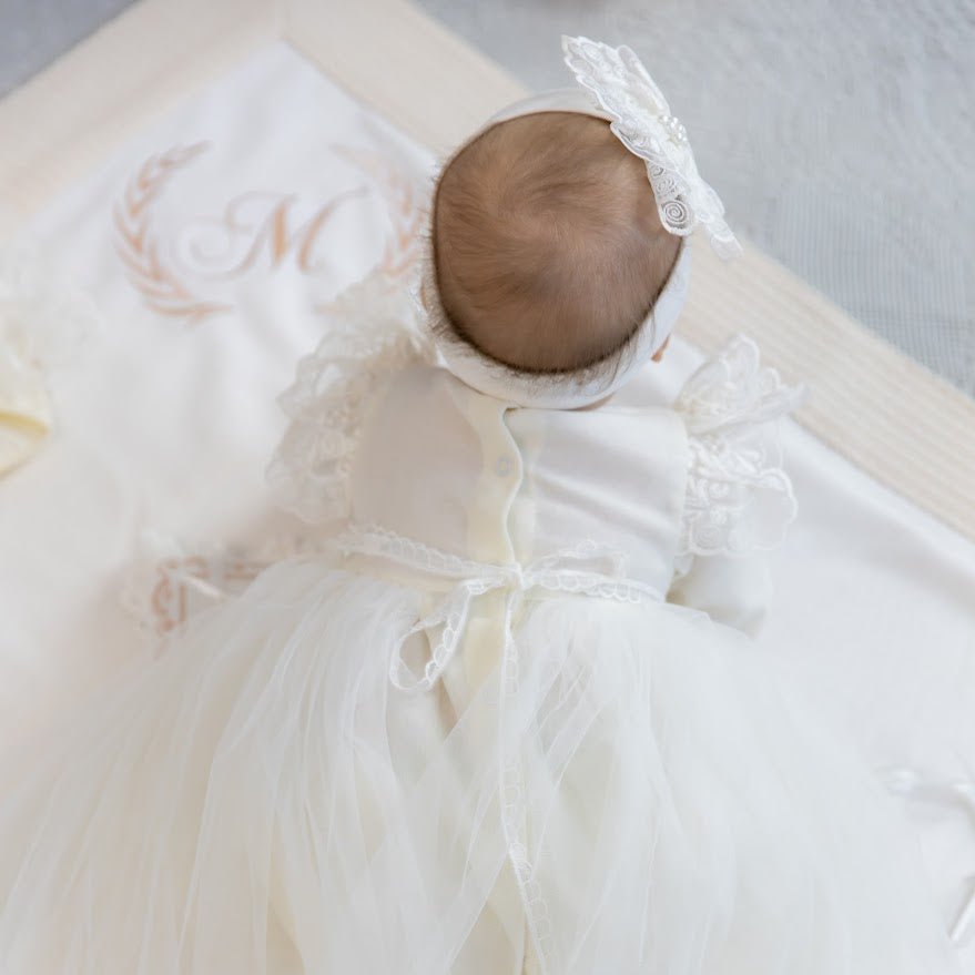 Linen baptism dress with matching pants and accessories