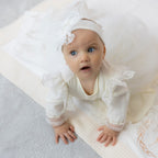 Luxury Linen Baptism Outfit Set for Baby Girl with Blanket | Ivory Christening Set