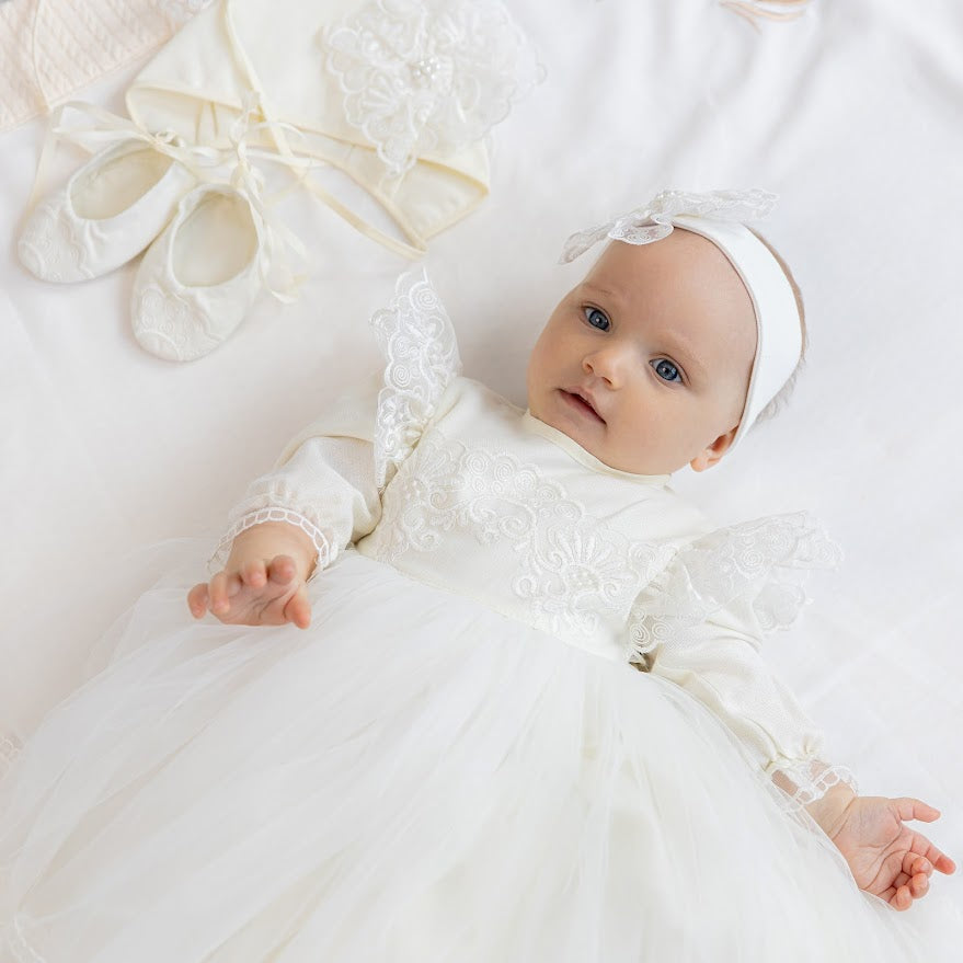 Luxury Linen Baptism Outfit Set for Baby Girl with Blanket | Ivory Christening Set