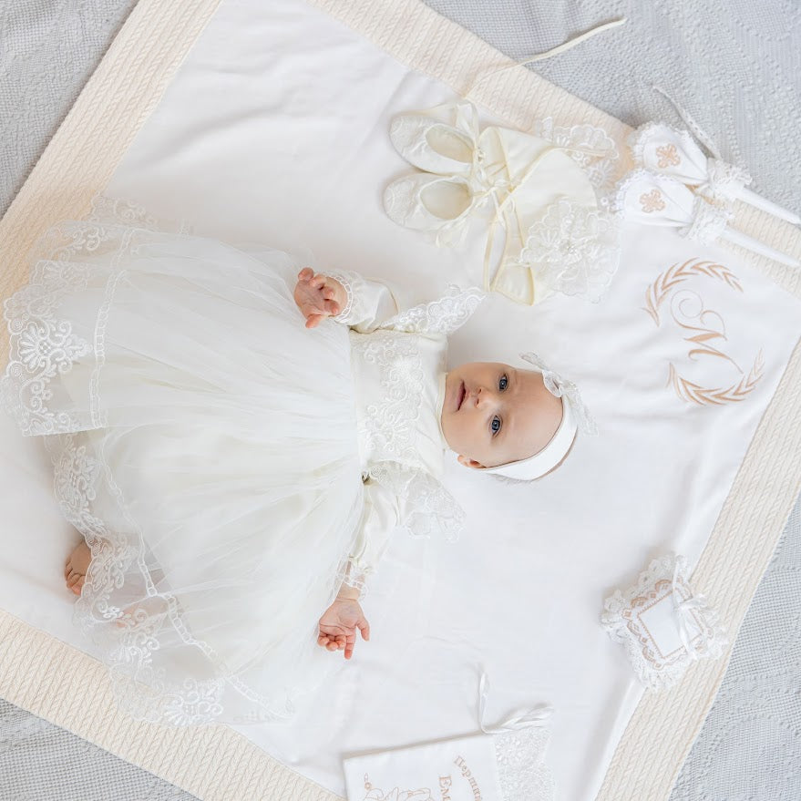 Luxury Linen Baptism Outfit Set for Baby Girl with Blanket | Ivory Christening Set
