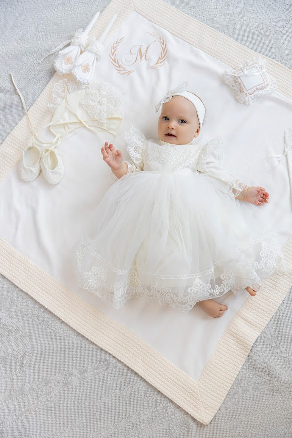 Luxury Linen Baptism Outfit Set for Baby Girl with Blanket | Ivory Christening Set