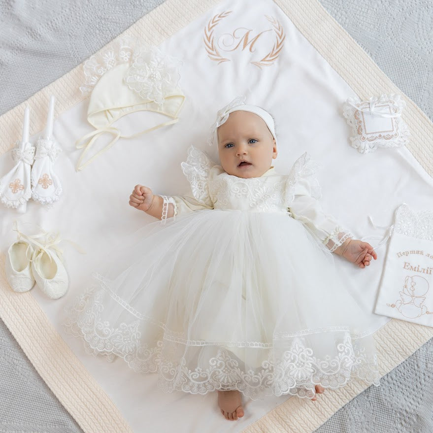 Luxury Linen Baptism Outfit Set for Baby Girl with Blanket | Ivory Christening Set