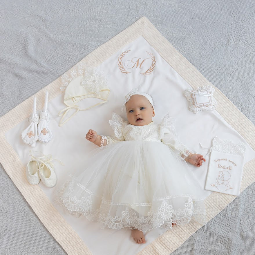 Luxury Linen Baptism Outfit Set for Baby Girl with Blanket | Ivory Christening Set
