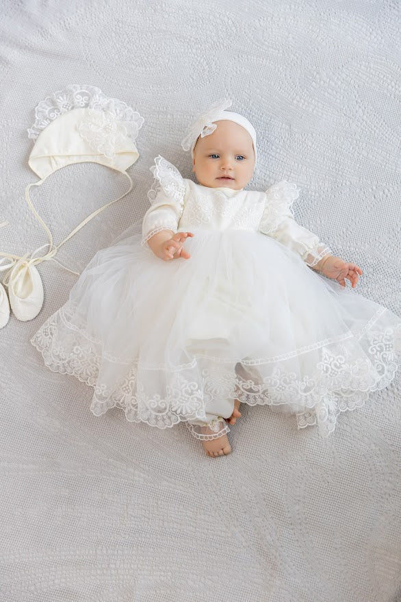 Luxury Linen Baptism Outfit Set for Baby Girl with Blanket | Ivory Christening Set