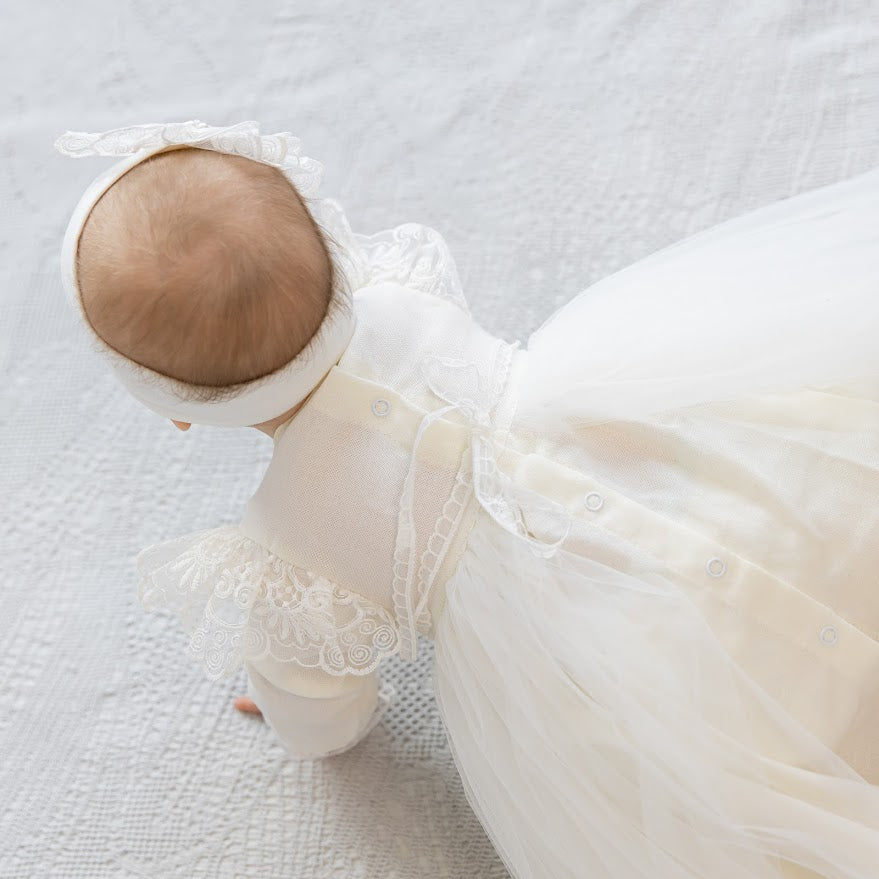 Luxury Linen Baptism Outfit Set for Baby Girl with Blanket | Ivory Christening Set
