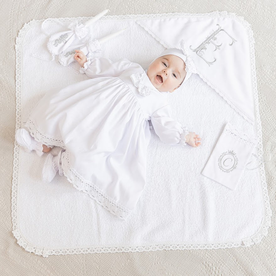 Baby Girl Christening Set – Linen Baptism Outfit with Dress, Pants, Booties, Headband, Hat + Hooded Towel, Candles & Pillow