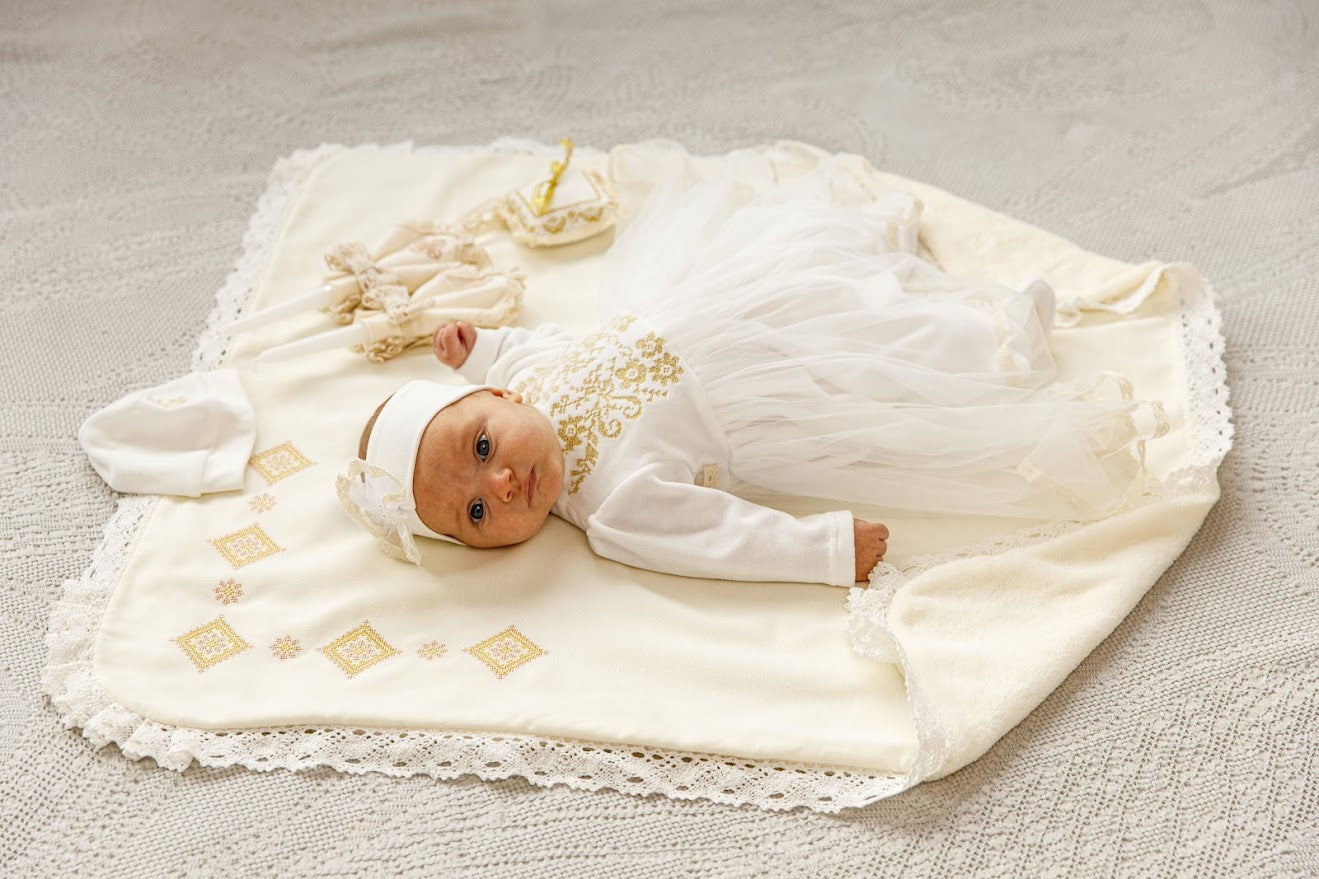 Luxury Baby Girl Christening Set with Kryzhma Blanket – Dress, Accessories, Candles & Pillow