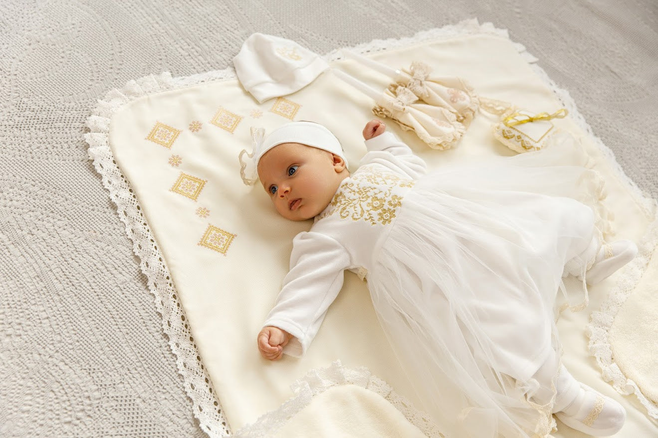 Luxury Baby Girl Christening Set with Kryzhma Blanket – Dress, Accessories, Candles & Pillow