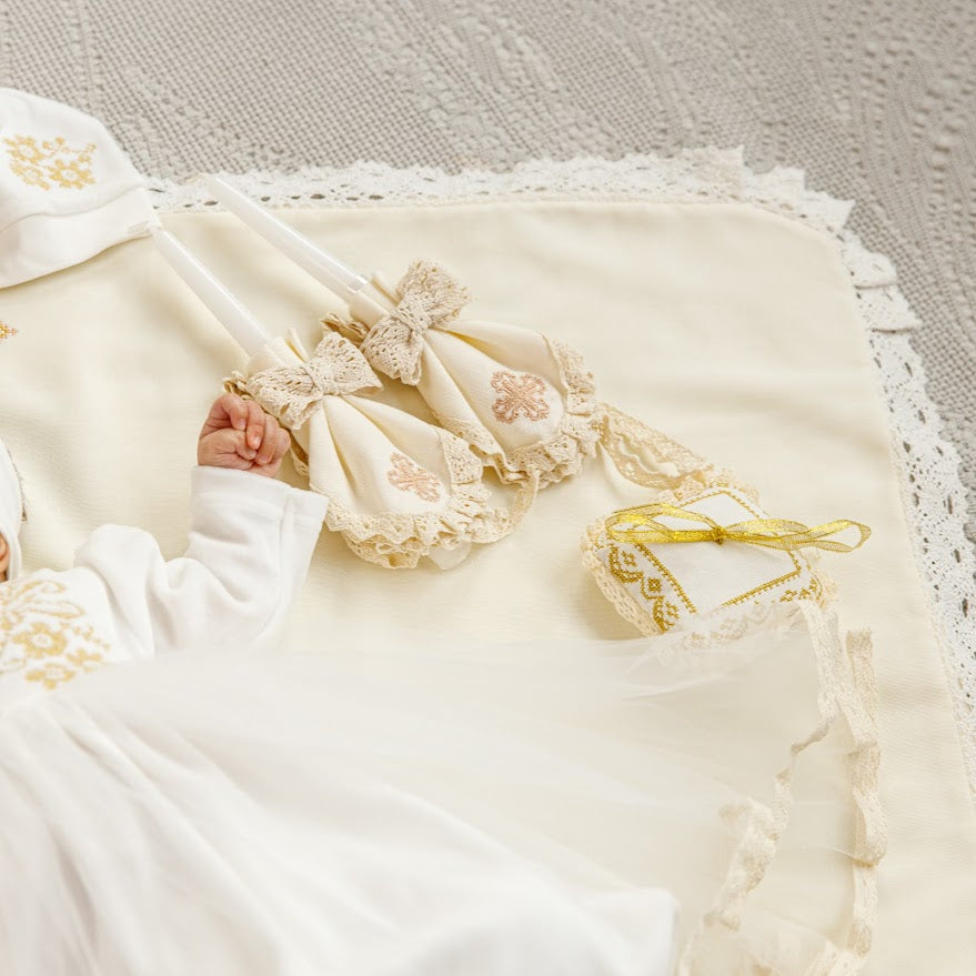 Luxury Baby Girl Christening Set with Kryzhma Blanket – Dress, Accessories, Candles & Pillow