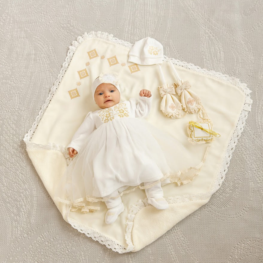 Luxury Baby Girl Christening Set with Kryzhma Blanket – Dress, Accessories, Candles & Pillow