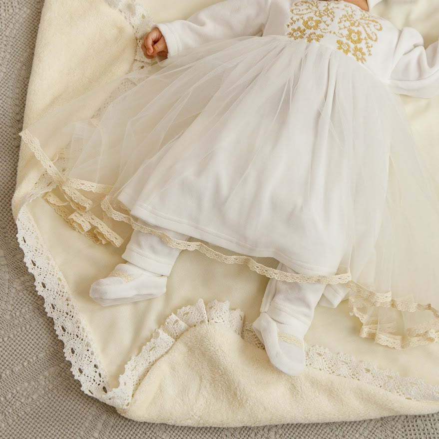Luxury Baby Girl Christening Set with Kryzhma Blanket – Dress, Accessories, Candles & Pillow