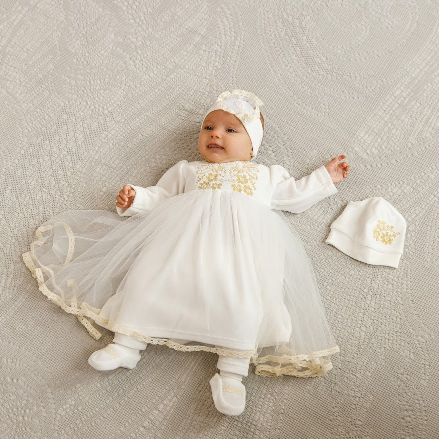 Luxury Baby Girl Christening Set with Kryzhma Blanket – Dress, Accessories, Candles & Pillow