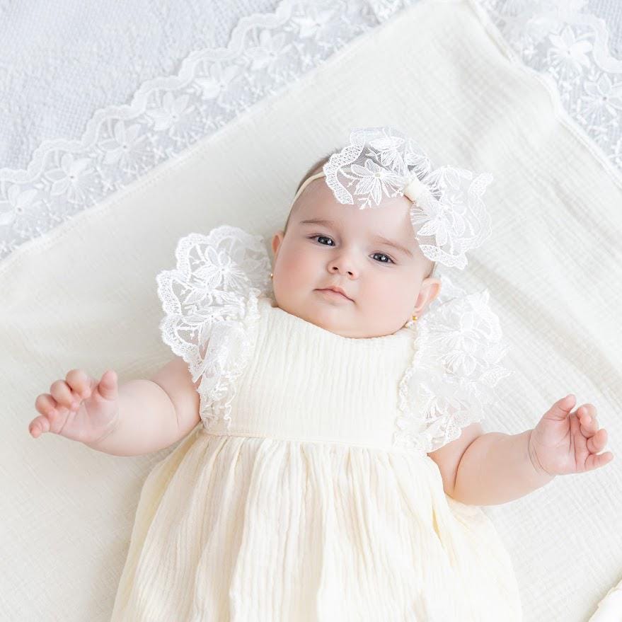 Ivory Muslin Summer Baptism Set for Baby Girl with Luxurious Lace