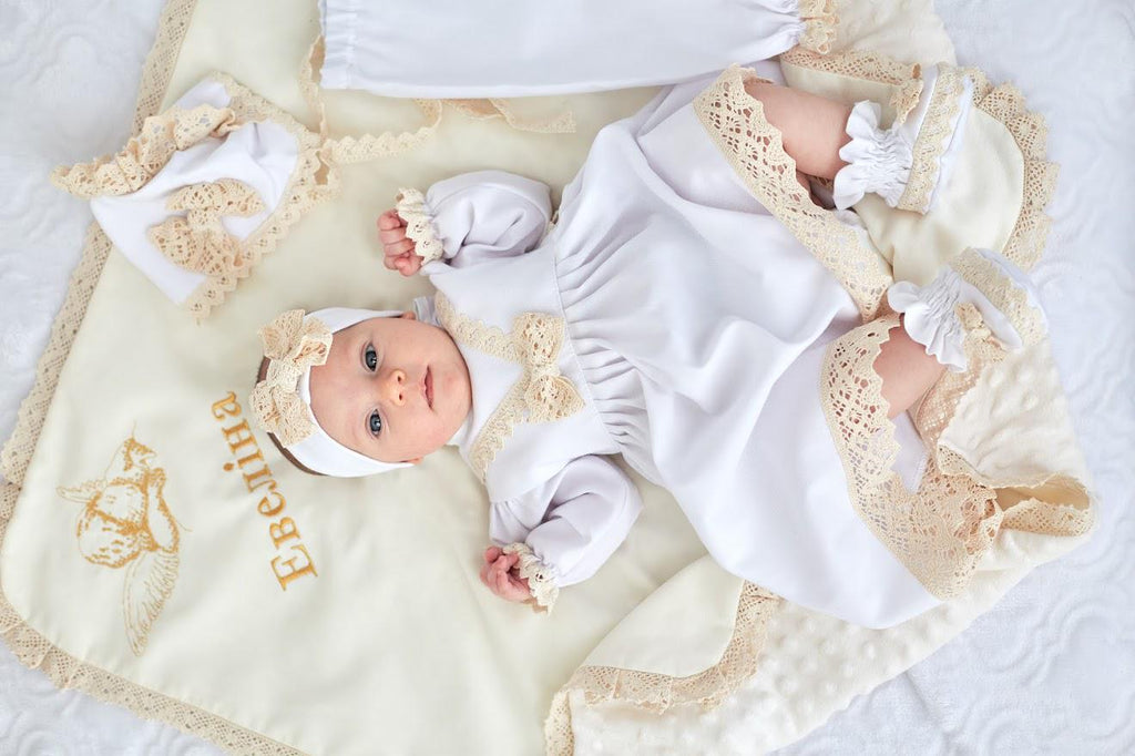 Ivory Linen Baby Girl Christening Outfit – 5‑Piece Set with Dress, Pants, Bonnet, Booties, Headband & Linen-Plush Blanket