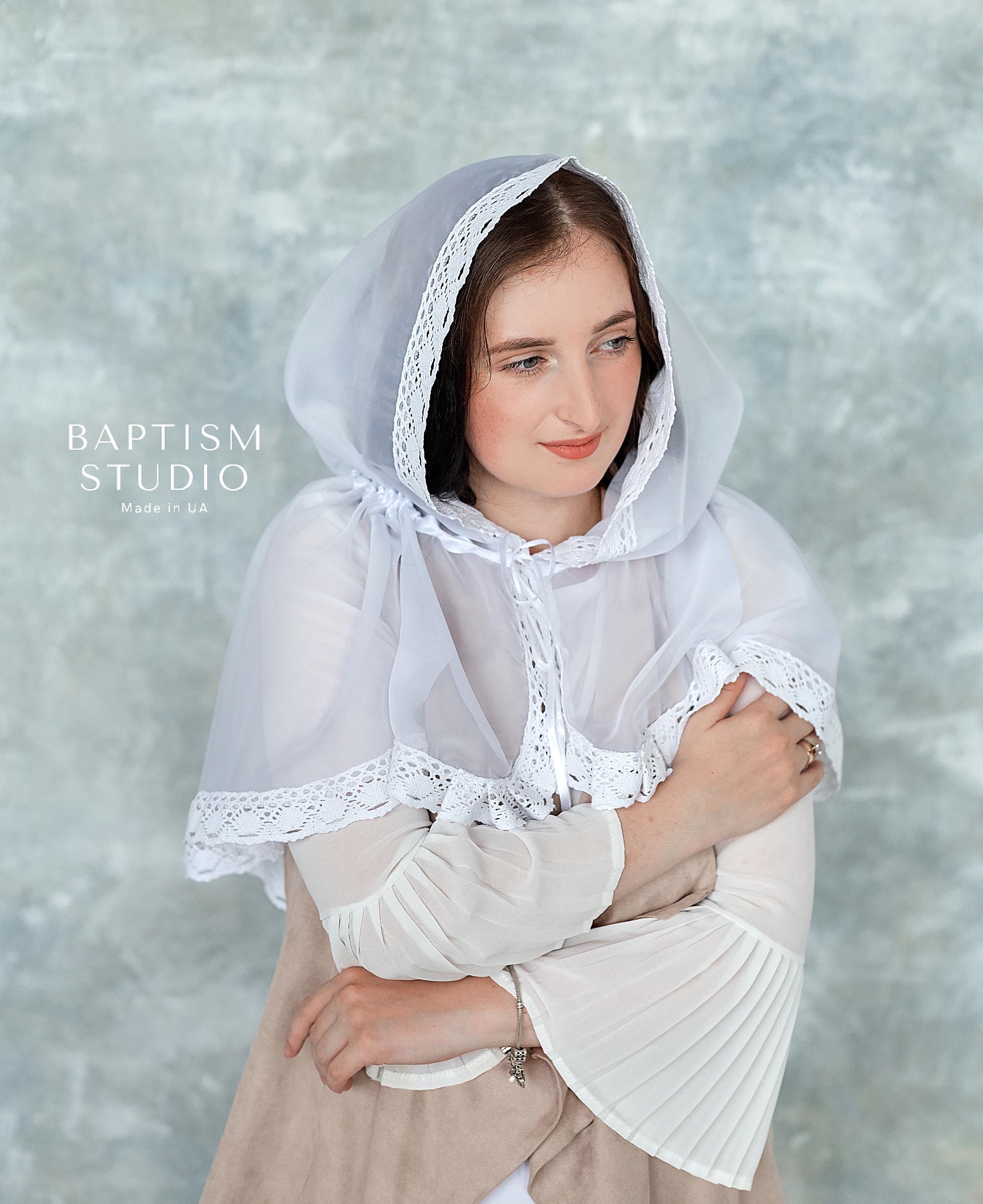 White Baptism Palantine with Lace | Chiffon Head Covering | Ships from USA