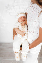 Handmade Ivory Linen Baptism Set – 6-Piece Baby Outfit with Blanket, Booties & Candles