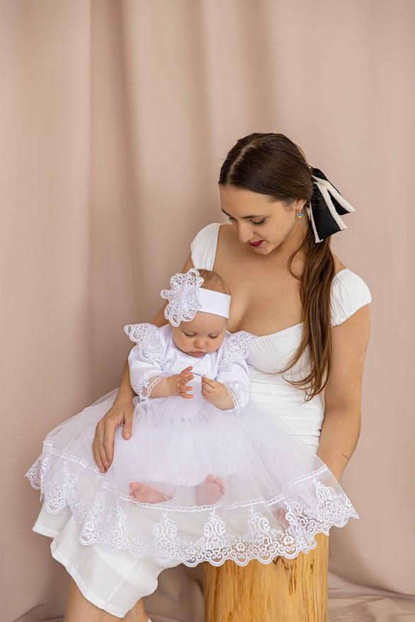 Baby Girl Christening Dress with Lace & Tulle – Baptism Outfit with Headband